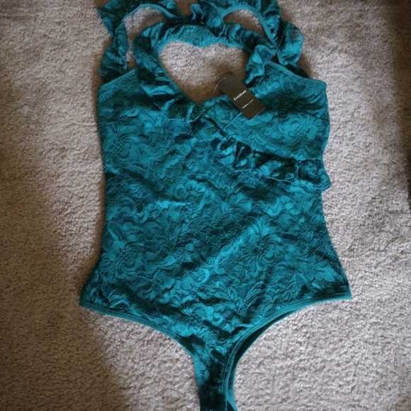 Bebe Ruffle Cross Thong Bodysuit Deep Lake size M, NWT - Picture 3 of 7